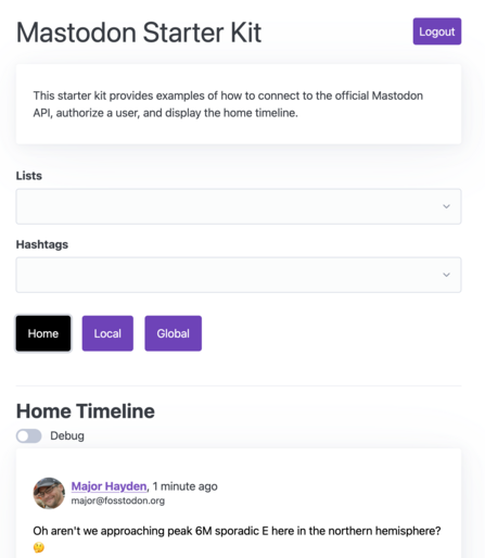 A screenshot of Mastodon Starter Kit, on an new "starter" branch that strips out many of the features I originally included as I began to learn about how Mastodon works.