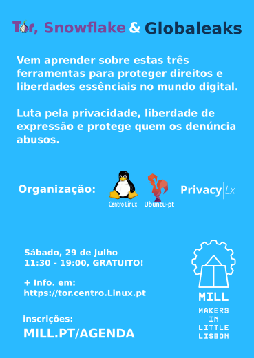 O evento #Tor, #Snowflake & #Globaleaks é Sábado dia 29 de Julho de 2023 a partir das 11:30, no Makers In Little Lisbon - #MILL, que é em #Lisboa e conta com a  colaboração da #PrivacyLx.

https://mill.pt/agenda/tor-snowflake-e-globaleaks/