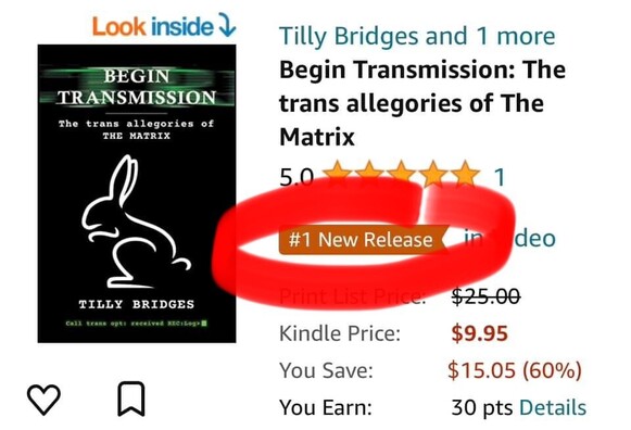 a kindle store screenshot showing BEGIN TRANSMISSION: THE TRANS ALLEGORIES OF THE MATRIX has hit #1 in the Video (books about film and tv) category on the Kindle store