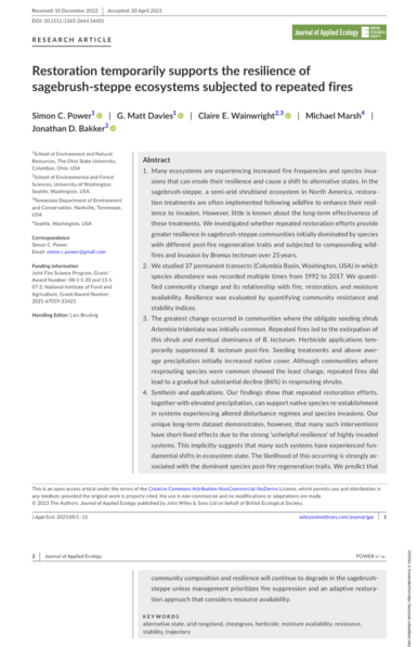 Screenshot of the abstract of new paper on post-wildfire community dynamics in the sagebrush steppe. Full details available at  http://doi.org/10.1111/1365-2664.14451