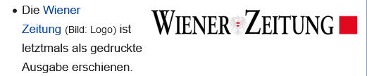 Screenshot Wikipedia - In den Nachrichten. Text: Die Wiener Zeitung (Bild: Logo) ist letztmals als gedruckte Ausgabe erschienen.