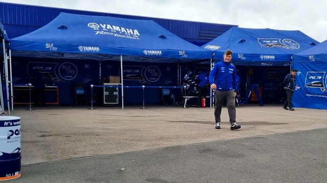 A makeshift courtyard surrounded by Yamaha blue tents housing the R3 Blu Cru European Championship bikes