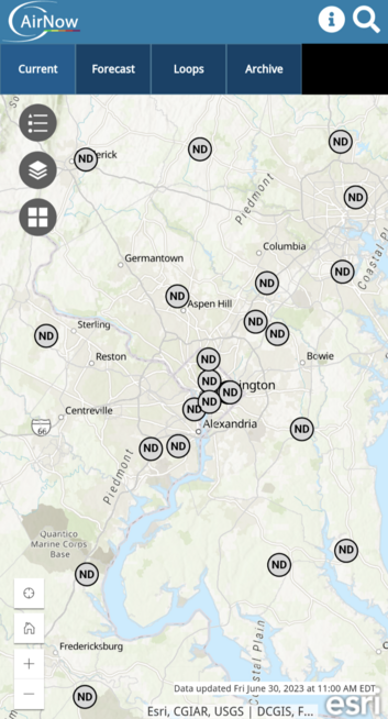AirNow map of DC area with all monitors shown as gray circles with ND (no data).