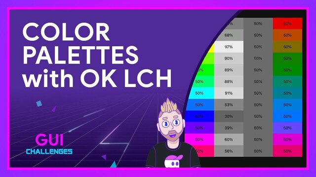 YouTube cover with white text "Color Palettes with OK LCH" on the left on violet background and illustration of small caricature of Adam on the beginning of a curved to the right image with black border of color tables. On bottom left: logo GUI challenges.