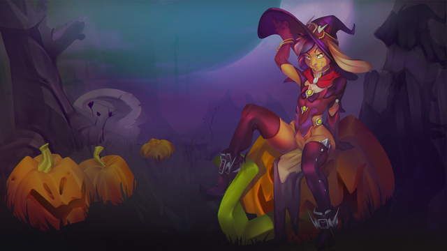 An anthropomorphic rabbit dressed as a witch. He seems to give a snarky look at the viewer while holding his huge hat. He is sitting in a pumpkin patch on a huge pumpkin which seems to grow vines.