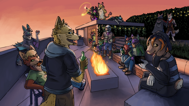 A party full of anthropomorphic characters ranging from Foxes, bats, Rabbits, Monsters, Felines of such enjoying a good time on a rooftop.