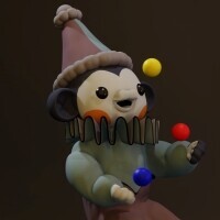 A silly looking monkey based on a Neopet specie sporting what looks like white makeup on his face and with two orange cheeks. He is standing on his curled tail while juggling in his clown-looking outfit.