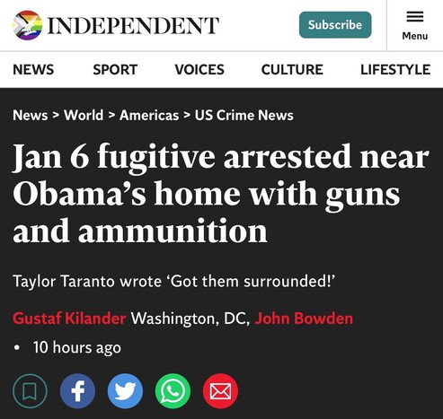 Headline Jan 6 fugitive arrested near Obama's home with guns and ammunition
Taylor Taranto wrote 'Got them surrounded!"

Remember CPAC? How republicans told us they are all domestic terrorists?

Believe them!