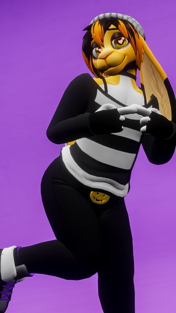 A anthropomorphic rabbit wearing a grey beanie and a black and white stripped crop-top. He is androgynous and is themed with Halloween markings and belt. He is acting cute, by standing on one feet, index pointed at each other in a shy manner and with heart in his eyes.