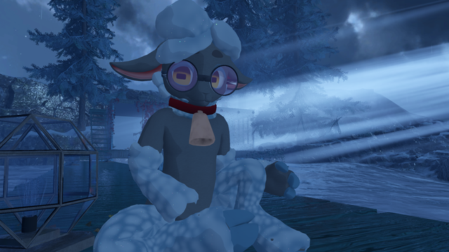 A anthropomorphic sheep sitting on a dock at nighttime. He is sporting a large and round pair of glasses. He is looking at the viewer. He is also wearing a large bell around his neck attached to a red collar.