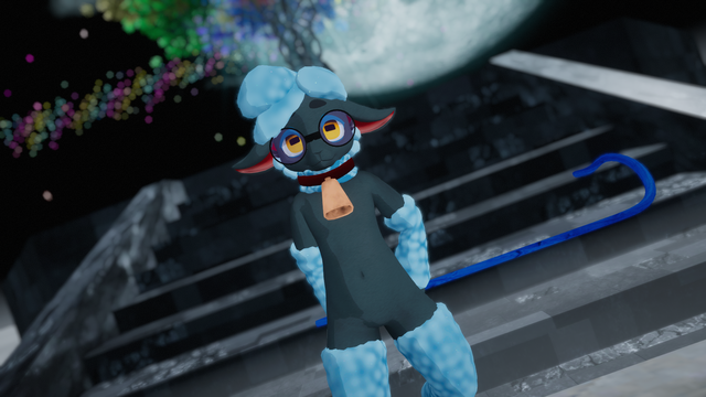 A anthropomorphic sheep blocking the path to a staircase that seems to lead closer to the full moon. He is looking at the viewer through his large pair of glasses. He is also holding a shepherd's cane behind his back as to block your path.