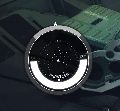A cropped screenshot from the most recent Starfield Direct showing a constelation  watch face/minimap indicator from the lower left of the screen. The watchface displays the name of your ship, here the Frontier, and a patern of dots, these could be stars, or meteors or debris nearby. These dots only show if you are in space inside your ship.