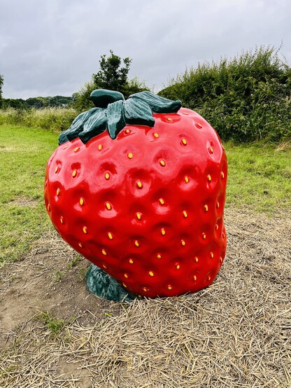 A giant plastic strawberry in a field