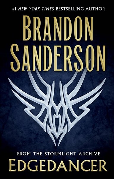 Cover of the book "Edgedancer" by Brandon Sanderson. A dark blue vignette with a glyph from the book in the center. The authors name bold in yellow above and name of book below