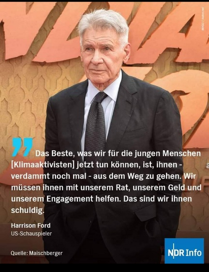 Elokuvanäyttelijä Harrison Ford kertoo miten vanhemman sukupolven pitää auttaa nuoria ilmastoaktivisteja. On pysyttävä pois heidän tieltään ja annettava heille rahaa, neuvoja ja tukea jos he niitä tarvitsevat. 