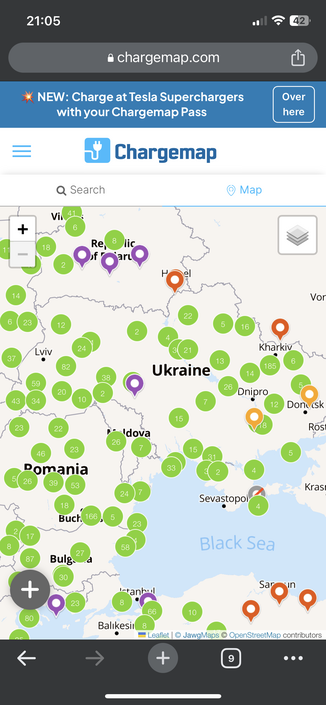 Map of electrocar chargers in Ukraine (low numbers)