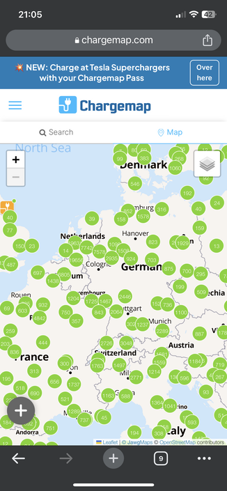 Map of electrocar chargers in west Europe (high numbers)