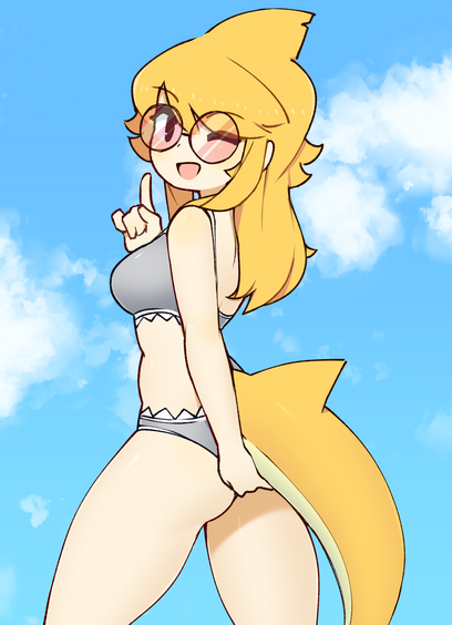 A blonde shark girl with a gray shark swimsuit and red circle sunglasses winking at viewer and holding her tail