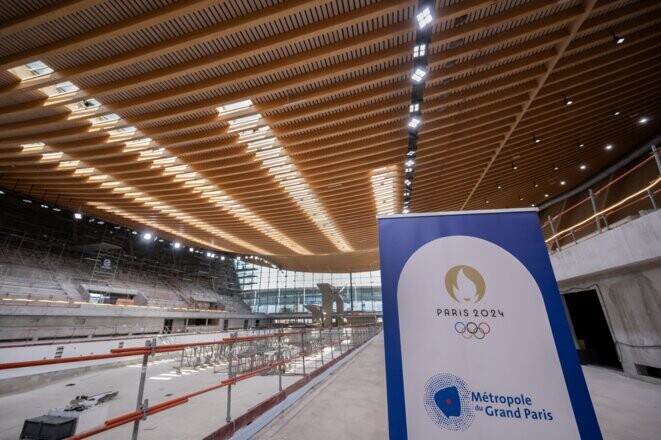 Le chantier du centre aquatique, à Saint-Denis, en juin 2023. © Photo Bertrand Guay / AFP