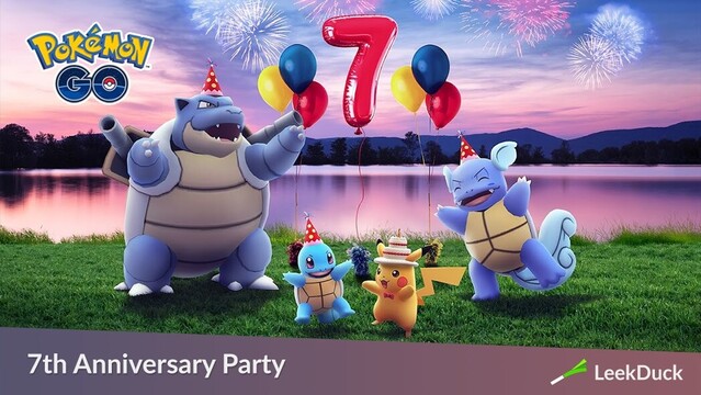 Pokemon Go 7th Anniversary Party image featuring Pikachu in a cake hat and Squirtle, Wartortle, and Blastoise in party hats.