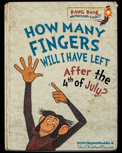 Dr Seuss style book with the title: "How Many Fingers Will I Jave Left After The Fourth Of July?"