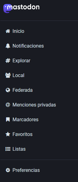 La barra de mastodon con el inicio, notificaciones, explorar, local, etc. y al final preferencias
