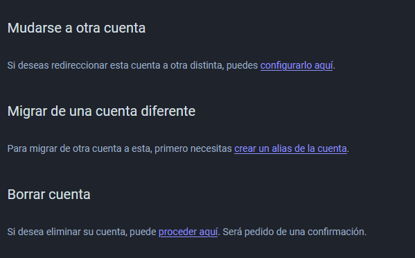 1)Mudarse a otra cuenta
2)Migrar de una cuenta diferente
3)Borrar cuenta