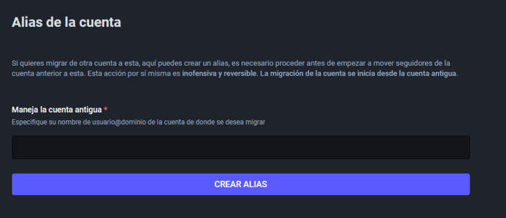 Pantalla de alias de la cuenta