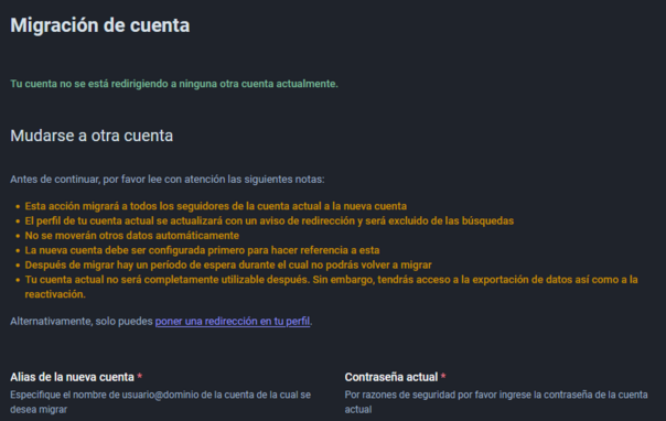 Página de migración de cuenta