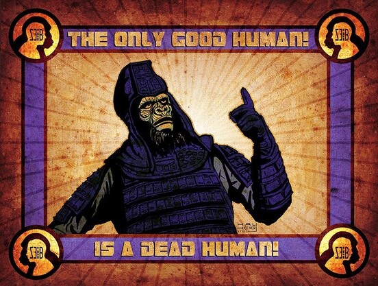 Composición con un general gorila de la película "El planeta de los simios" de 1968 con la frase "the only good human IS a dead human".
