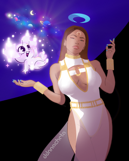 A DTIYS artwork of a beautiful woman with Zendaya's face and a pixie character playing with a mini galaxy.