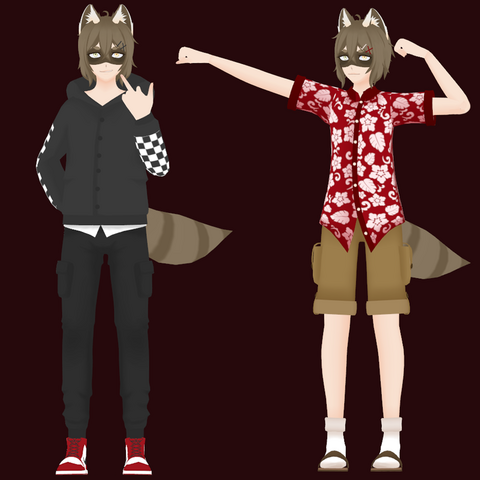 Image features 2 3D Models of a Raccoon Vtuber in 2 outfits, one casual, one summer.