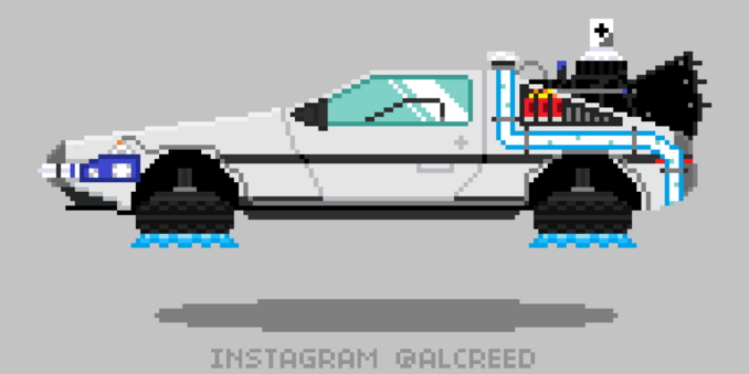 Pixel art of the Delorean time machine from Back to the Future Part 2.