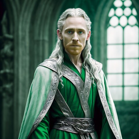 A man in green robes and long silver hair. Piercing blue eyes.