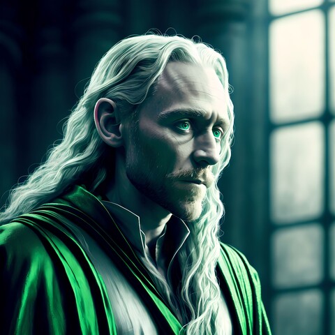 A man in green robes with long silver hair looking out a window, brooding. Piercing blue eyes.