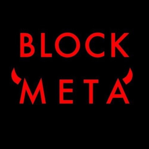 Red letters saying BLOCK META.

The "M" and the "A" have a horn like the devil.

Source:
unknown.