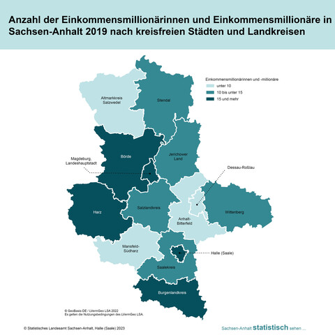 Kartendarstellung der Anzahl der Einkommensmillionärinnen und Einkommensmillionäre in Sachsen-Anhalt 2019 nach kreisfreien Städten und Landkreisen