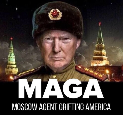 Well-drawn Caricature of Donald Trump wearing a #Russian 4-star-general's uniform complete with bear cap.
In the background: the #Kremlin.
Caption 
See text