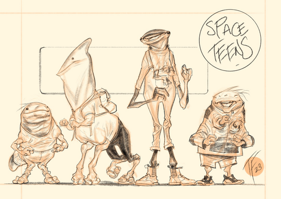 Drawing of alien teens.