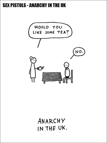 Cartoon by Hugleikur Dagsson inspired by the song Anarchy in the U.K. by The Sex Pistols