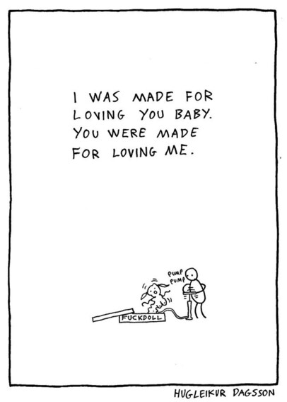 Cartoon by Hugleikur Dagsson inspired by the song I Was Made for Lovin' You by Kiss