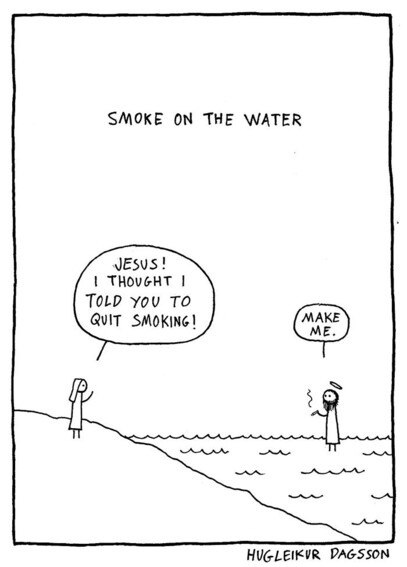Cartoon by Hugleikur Dagsson inspired by the song Smoke on the water by Deep Purple
