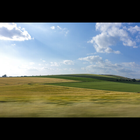Rolling Green hill with a wheat zig zag flowing down it to a blurred foreground; shot from a car window