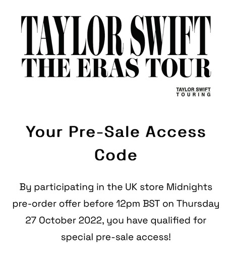 Screenshot of portion of email saying I have received a Pre-Sale access code for Taylor Swift’s The Eras Tour