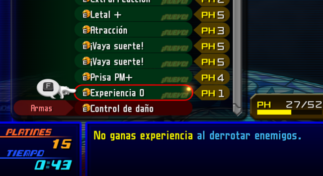 Captura de Kingdom Hearts 2 en la que se ve activada la habilidad "Experiencia Cero", que permite no subir nunca nivel.