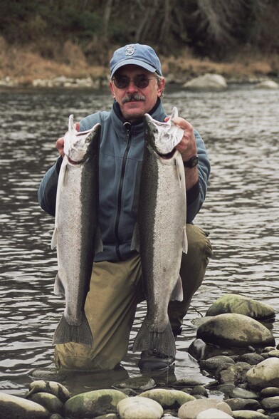 Man in chest waders and blue baseball cap  kneels in a river holding two large, silvery steelhead trout. 
