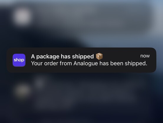 Push notification indicating my order from Analogue has shipped.