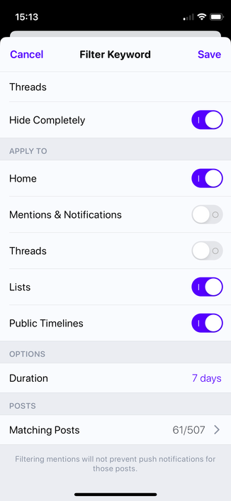 Screenshot of Ivory’s mute settings showing muting the keyword “Threads”