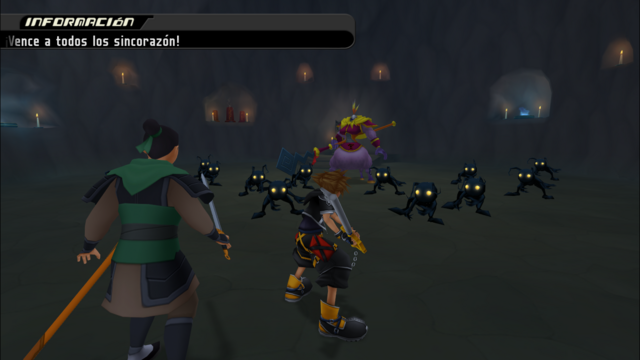 Inicio de la pelea de Kingdom Hearts 2 en la que se lucha en la cueva del mundo de Mulán.