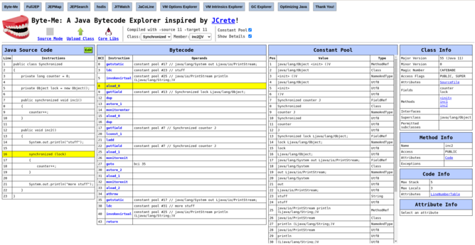 Screenshot of https://byte-me.dev a website for experimenting and learning about bytecode.